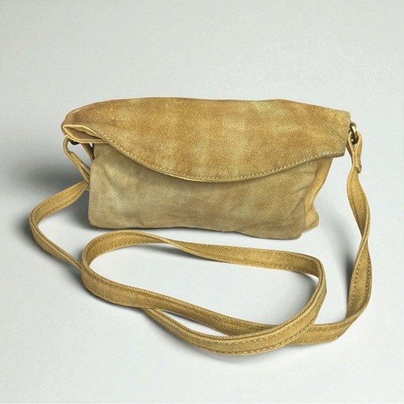 FREE PEOPLE Joni Crossbody Canvas Suede Bag Yellow Distressed Adjustable Purse - Picture 1 of 10